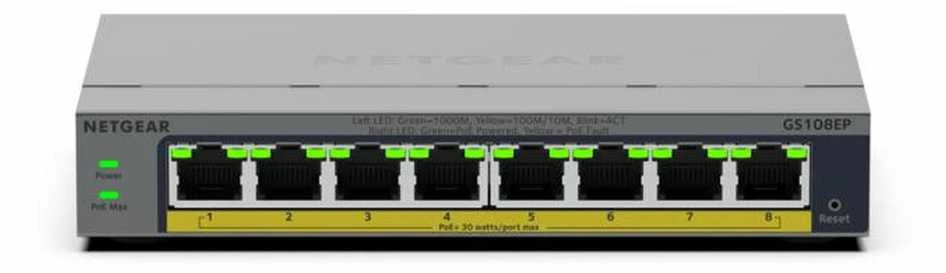 Šakotuvas Komutatorius - „Netgear GS108EP“ 8 prievadų „PoE+“ komutatorius su VLAN valdymu