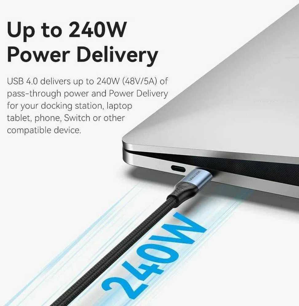 Vention USB-C į USB-C 240 W ventiliacija TAVHF USB 4.0 5A 1m 40Gbps kabelis (pilkas)