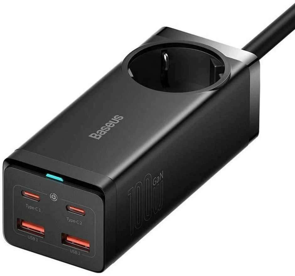 Baseus GaN3 Pro sieninis įkroviklis / maitinimo juosta 2xUSB + 2xUSB-C + AC 100W juodas