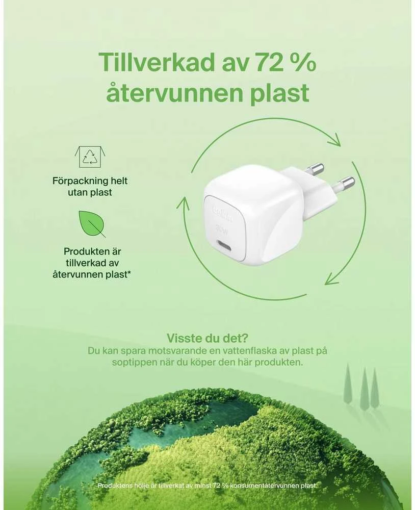 Belkin USB-C PD 30W, mažas, baltas + „Lightning“ laidas