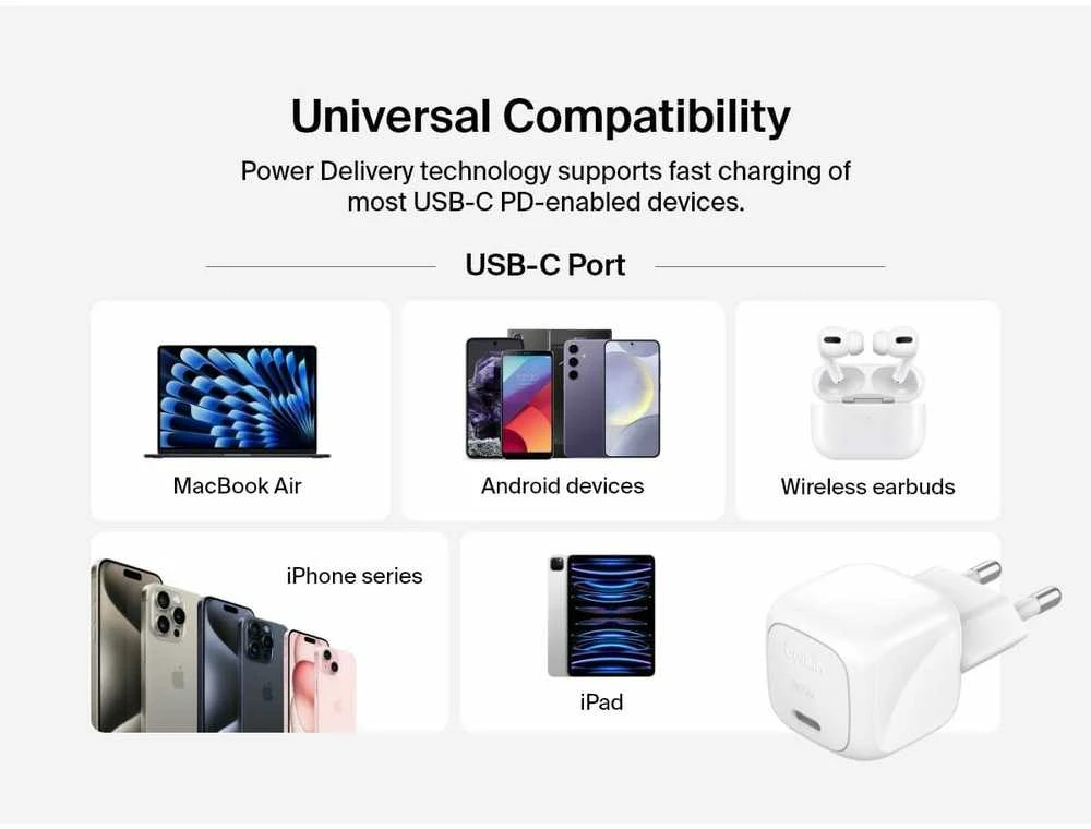 Belkin USB-C PD 30W, mažas, baltas + „Lightning“ laidas