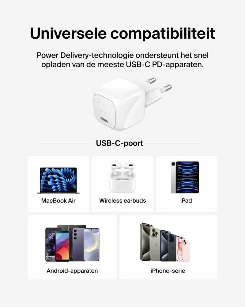 Belkin USB-C PD 30W, mažas, baltas + „Lightning“ laidas