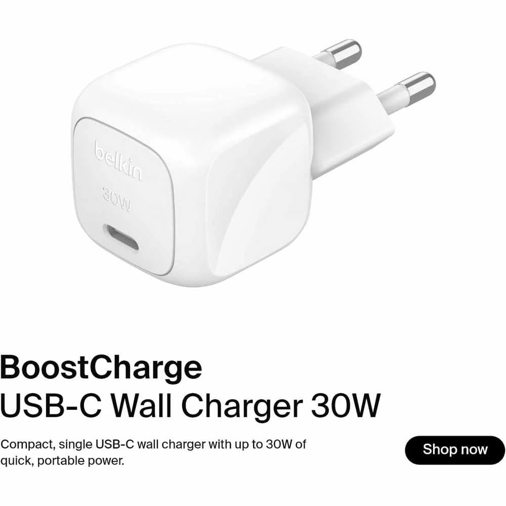 Belkin USB-C PD 30W, mažas, baltas + „Lightning“ laidas
