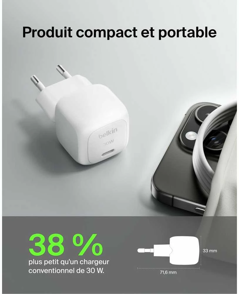 Belkin USB-C PD 30W, mažas, baltas + „Lightning“ laidas