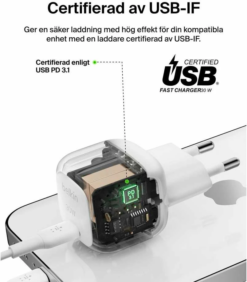 Belkin USB-C PD 30W, mažas, baltas + „Lightning“ laidas
