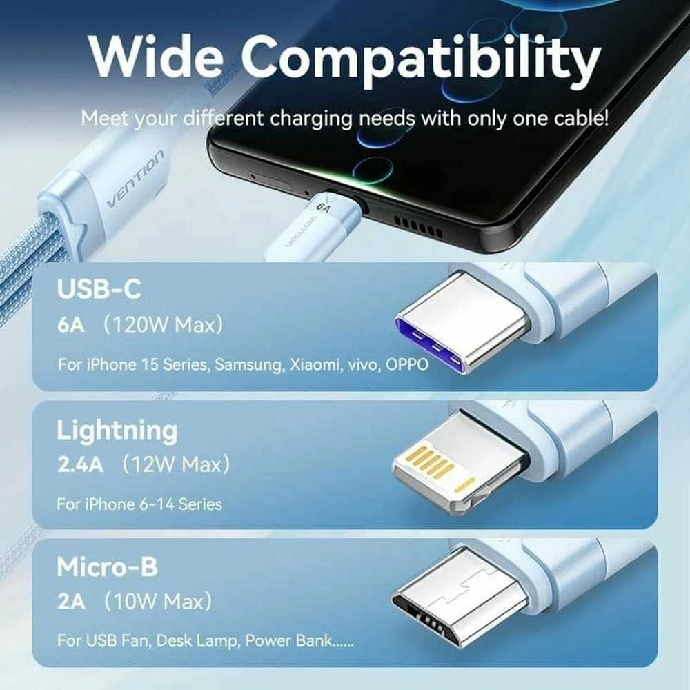 USB 2.0 A iki 3-in-1 6A laidas Vention CTRWG 1.5M (baltas)