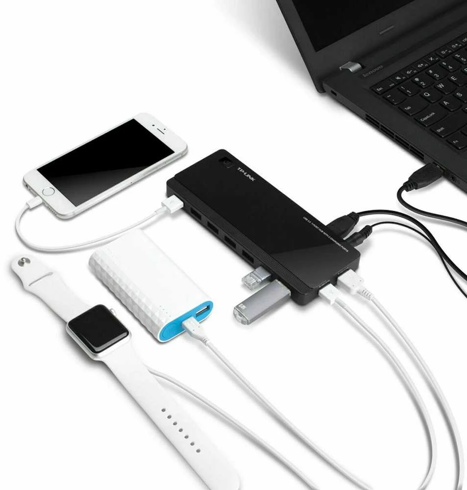TP-LINK 7 jungtys USB 3.0 Hub su 2 maitinimo įkrovikliais jungtys 2.4A Max Desktop ir 12V/4A maitinimo adapteris