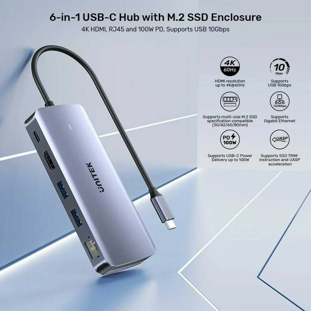USB-C Hub - UNITEK Aktyvus 10Gbps M.2 HDMI PD 100W Pilkas