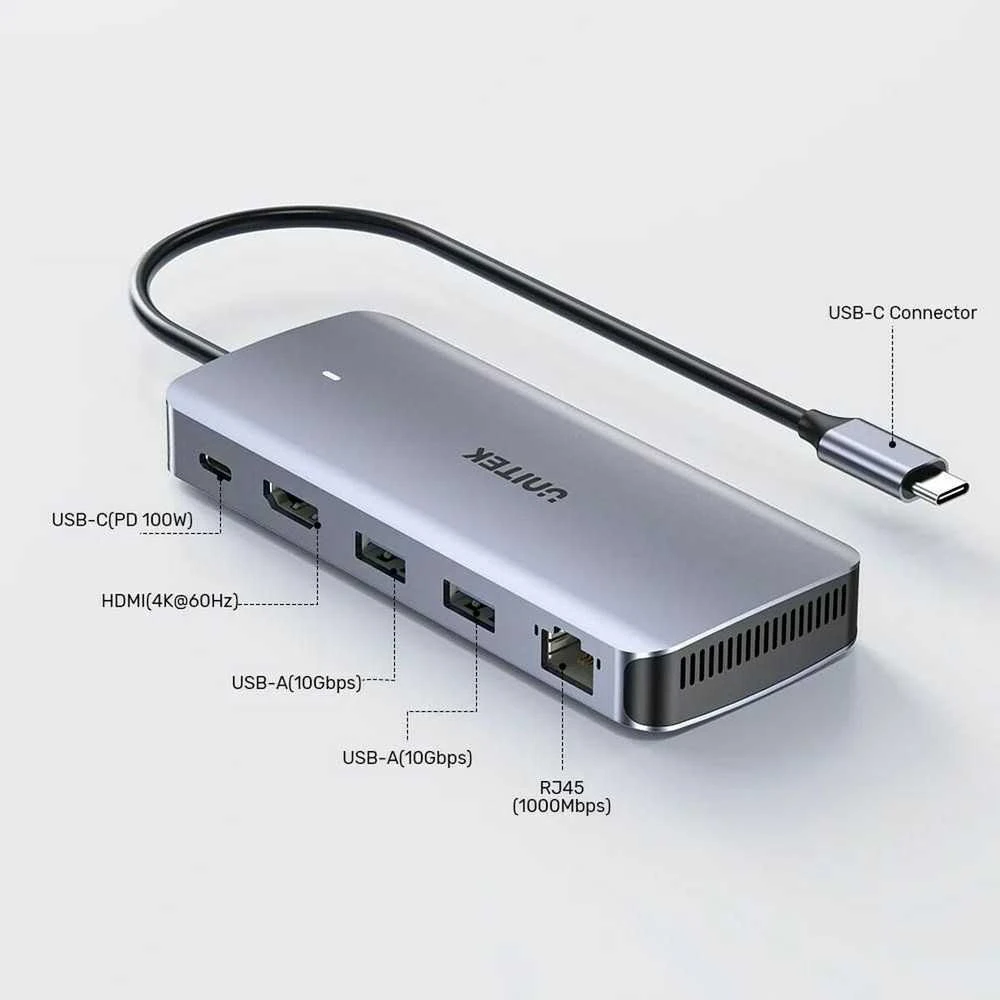 USB-C Hub - UNITEK Aktyvus 10Gbps M.2 HDMI PD 100W Pilkas