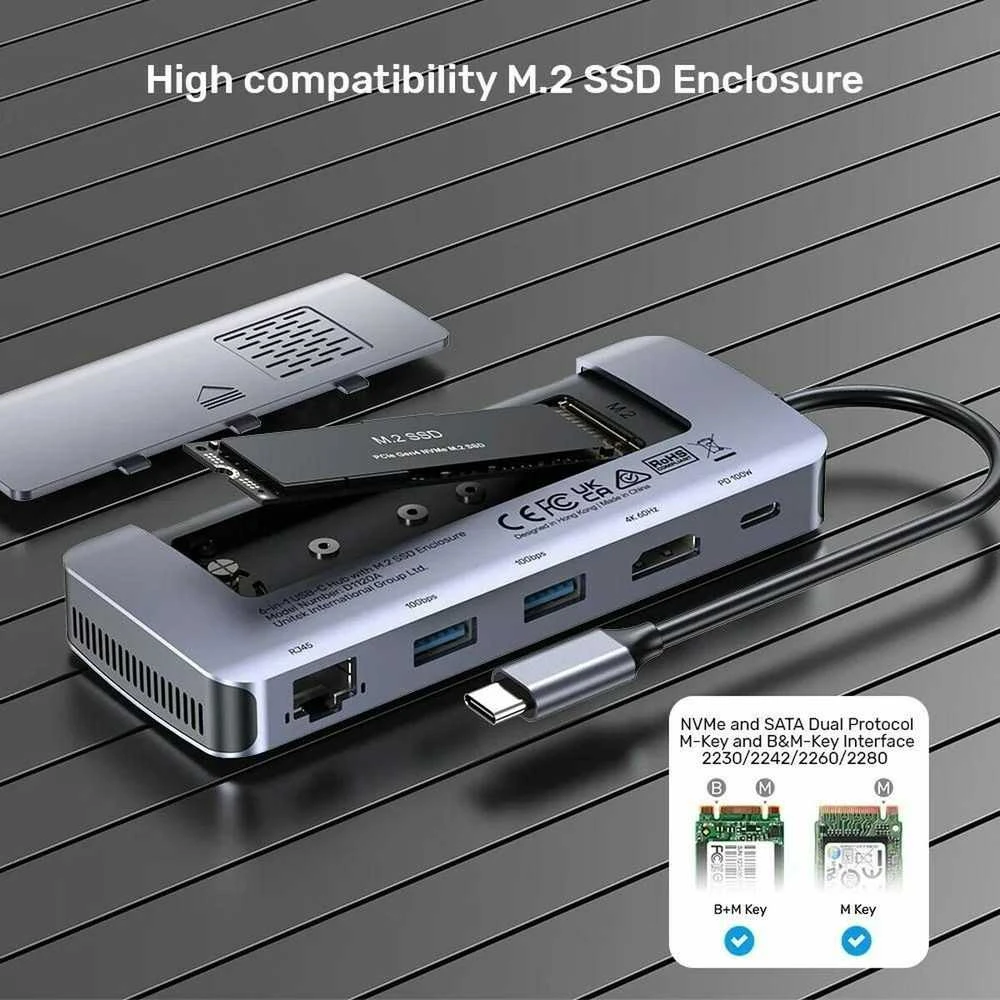 USB-C Hub - UNITEK Aktyvus 10Gbps M.2 HDMI PD 100W Pilkas