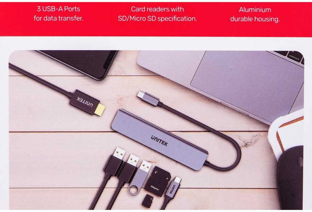 UNITEK H1118A HUB USB-C 7in1 PD 100W HDMI 4K ALU
