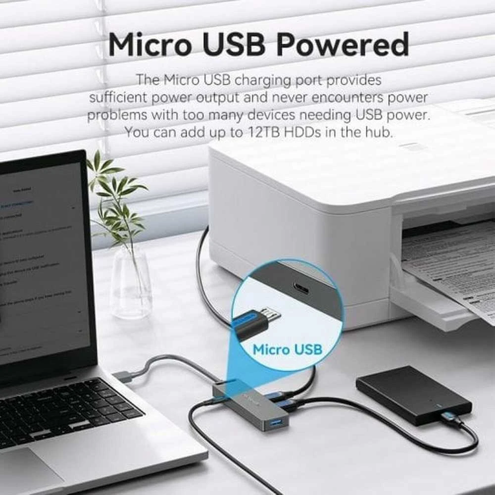 Vention USB2.0 to USB2.0 x 4 Hub su maitinimo šaltiniu Juodas 0,15m