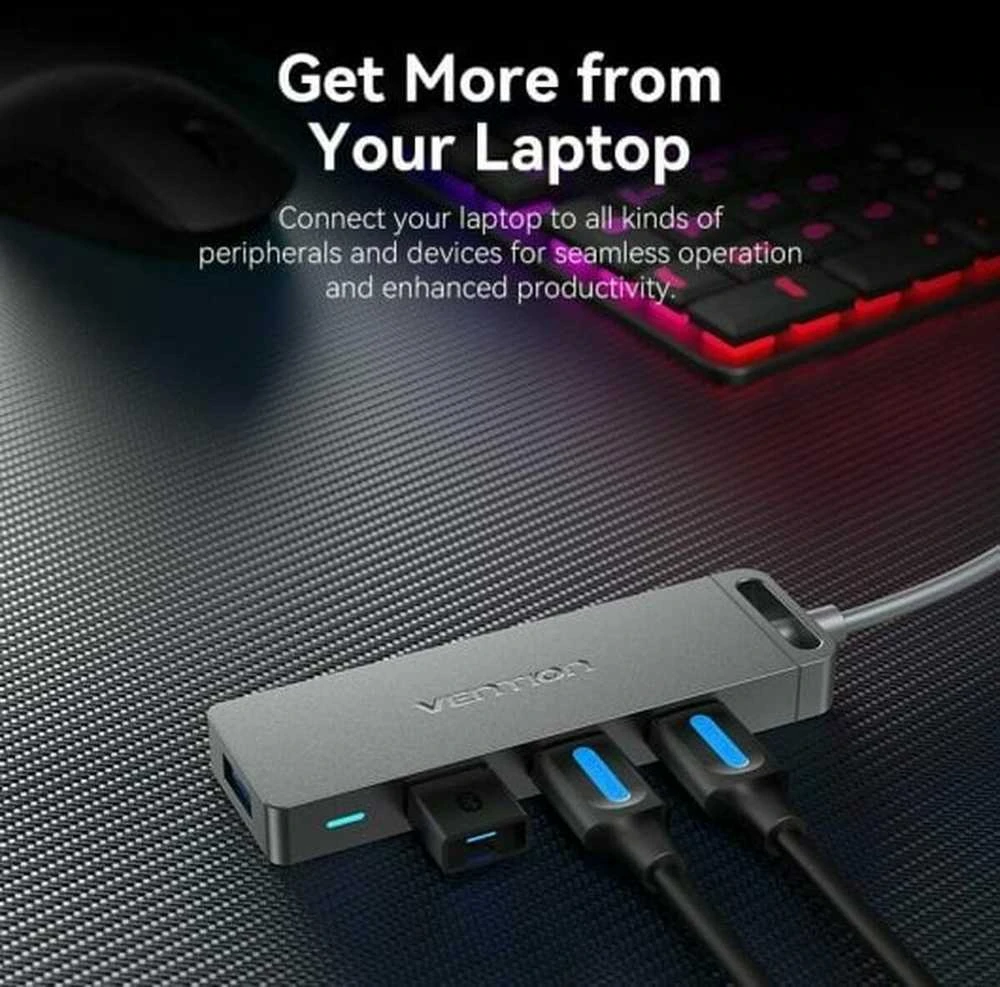 Vention USB2.0 to USB2.0 x 4 Hub su maitinimo šaltiniu Juodas 0,15m