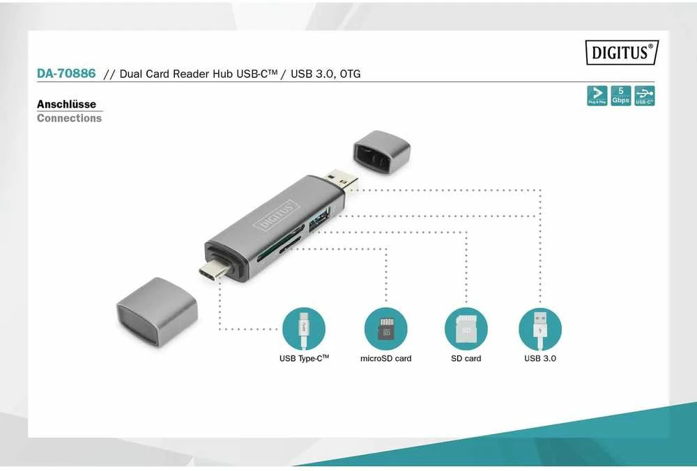Assmann Electronic DIGITUS DA-70886 Combo kortelių skaitytuvo šakotuvas USB-C+USB 3.0 1x SD 1xMicroSD 1xUSB 3.0 pilkas