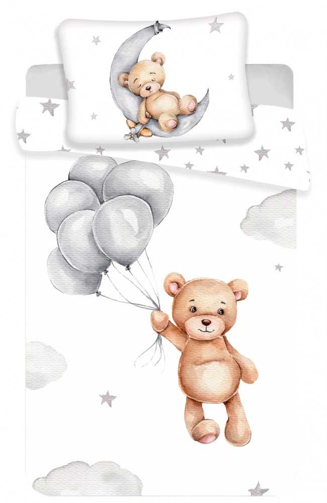 Patalynė bawełniana 100x135 Meškiukas baloniki gwiazki 7547 balta pilka księżyc chmurki Teddy Bear dziecięca do łóżeczka poszewka 40x60
