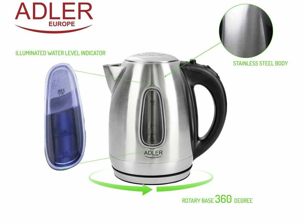 Adler | Virdulys | AD 1223 | Standard | 2200 W | 1.7 L | Nerūdijantis plienas | 360° rotational base | Nerūdijantis plienas