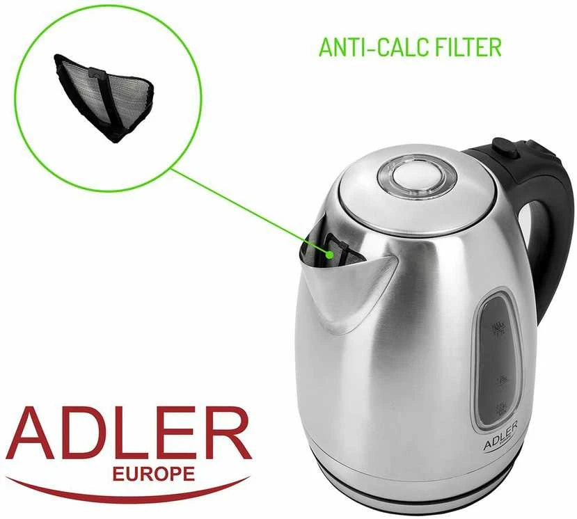 Adler | Virdulys | AD 1223 | Standard | 2200 W | 1.7 L | Nerūdijantis plienas | 360° rotational base | Nerūdijantis plienas