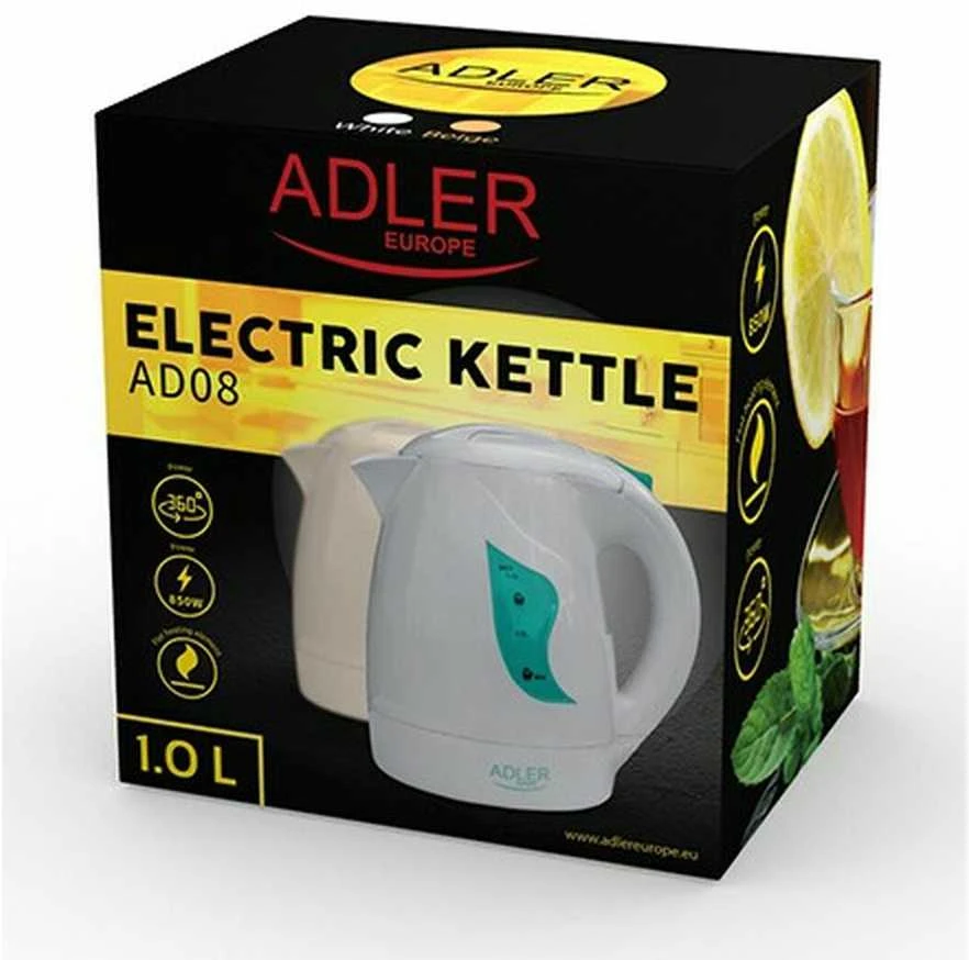 Adler AD 08 Standartinis virdulys, Plastikas, Baltas, 850 W, 1 L, 360° sukamasis pagrindas