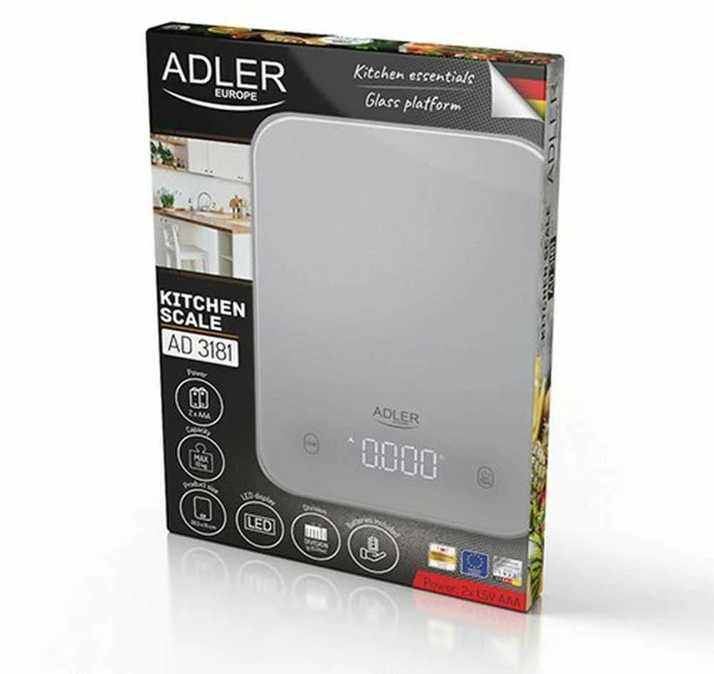 Virtuvinės svarstyklės Adler virtuvės svarstyklės | AD 3181g | Graduacija 1 g | Ekrano tipo LED | Pilkas