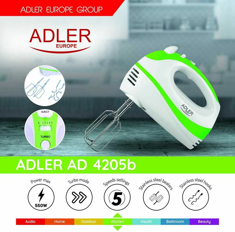 Plakiklis Adler | Mixer | AD 4205 g | Hand Mixer | 300 W | Greičių skaičius 5 | Turbo mode | Baltas/Žalias