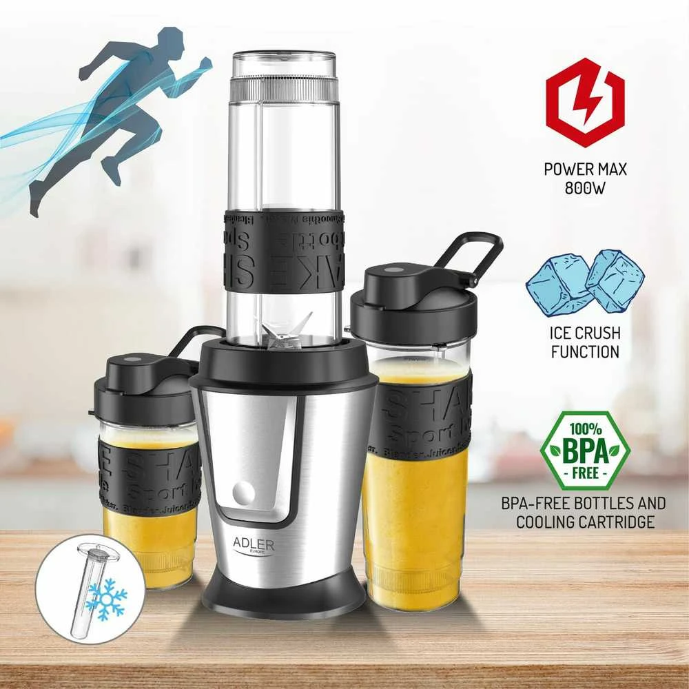 Adler | Maišytuvas | AD 4081 | Tabletop | 800 W | Jar material BPA Free Plastic | Jar capacity 0.4 + 0.57 L | Ice crushing | Juodas/Nerūdijantis plienas