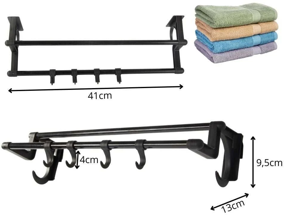 Juoda vonios rankšluosčių kabykla su 4 kabliais, 40 cm
