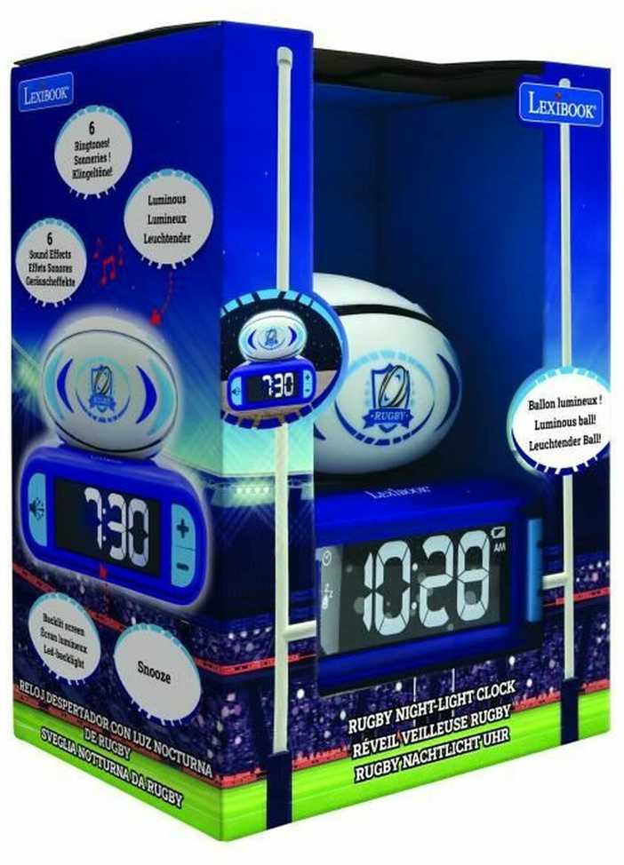 Lexibook Digital alarm clock with 3D rugby ball night light and sound effects