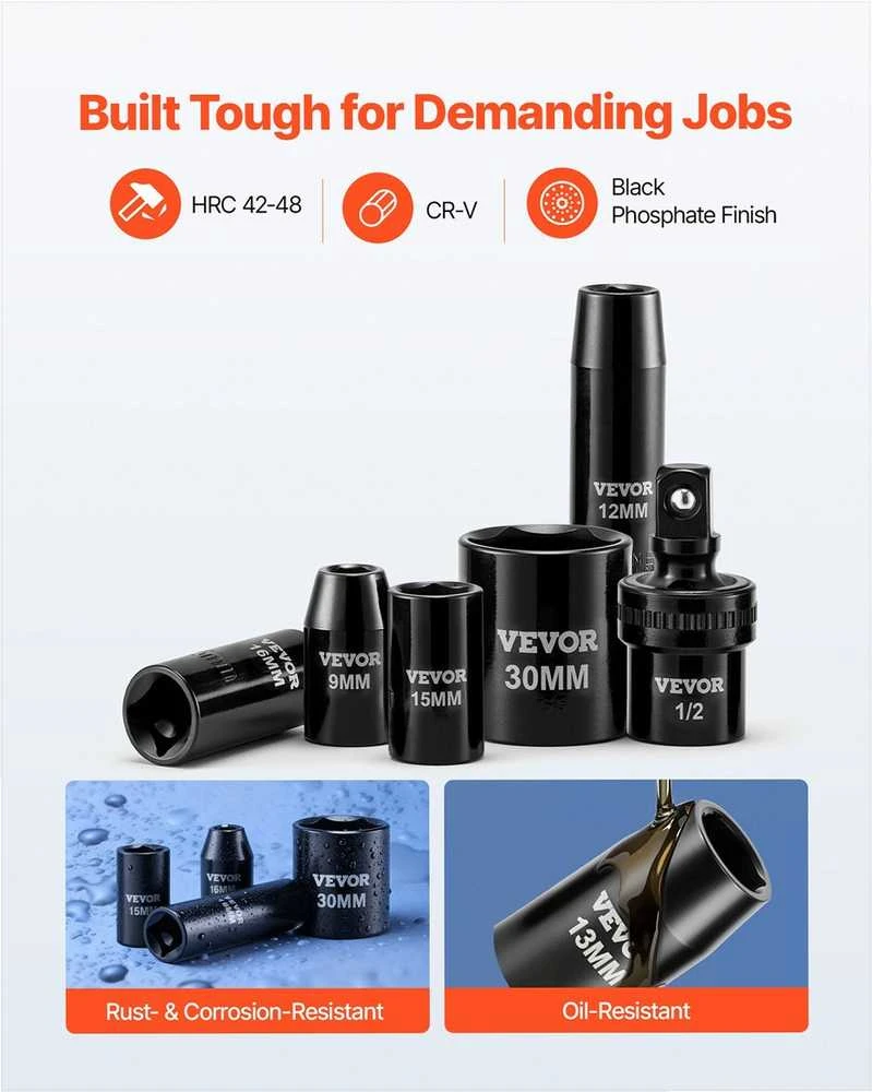 1/2 colio smūginių galvučių rinkinys, 39 dalių, 6 kampų gilios ir trumpos, metrinės 9-30 mm, Cr-V plienas, universali jungtis, dėklas automobilių ir mechanikos remontui, prof. įrankiai