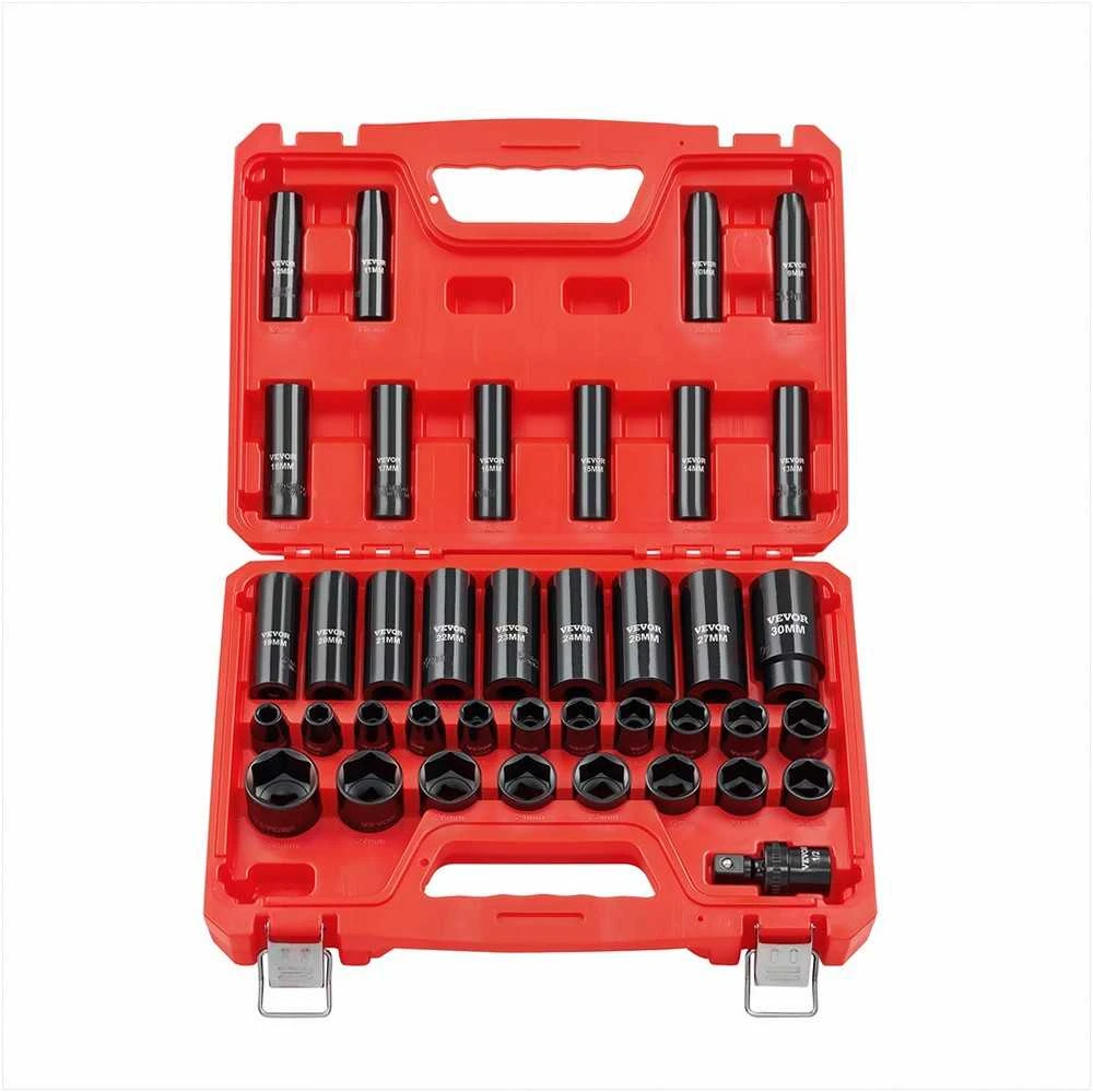 1/2 colio smūginių galvučių rinkinys, 39 dalių, 6 kampų gilios ir trumpos, metrinės 9-30 mm, Cr-V plienas, universali jungtis, dėklas automobilių ir mechanikos remontui, prof. įrankiai