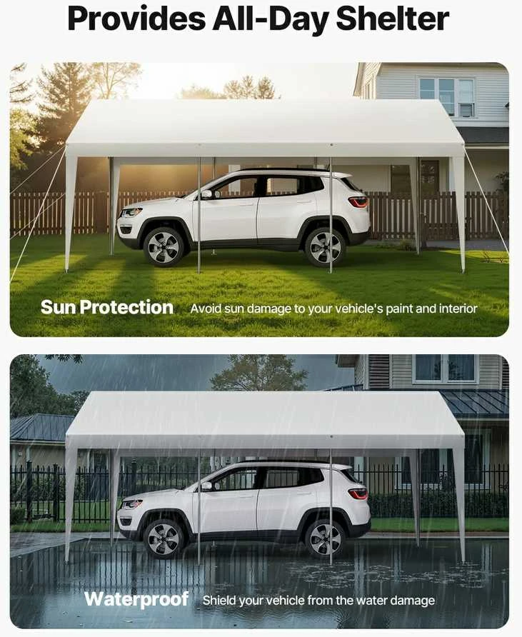 10 x 6 m Automobilio Pavėsinė, Tvirta Nešiojama, Visiems Orams, Balta, Cinkuotas Plienas, Automobilių Palapinė, Prieglauda, Stoginė