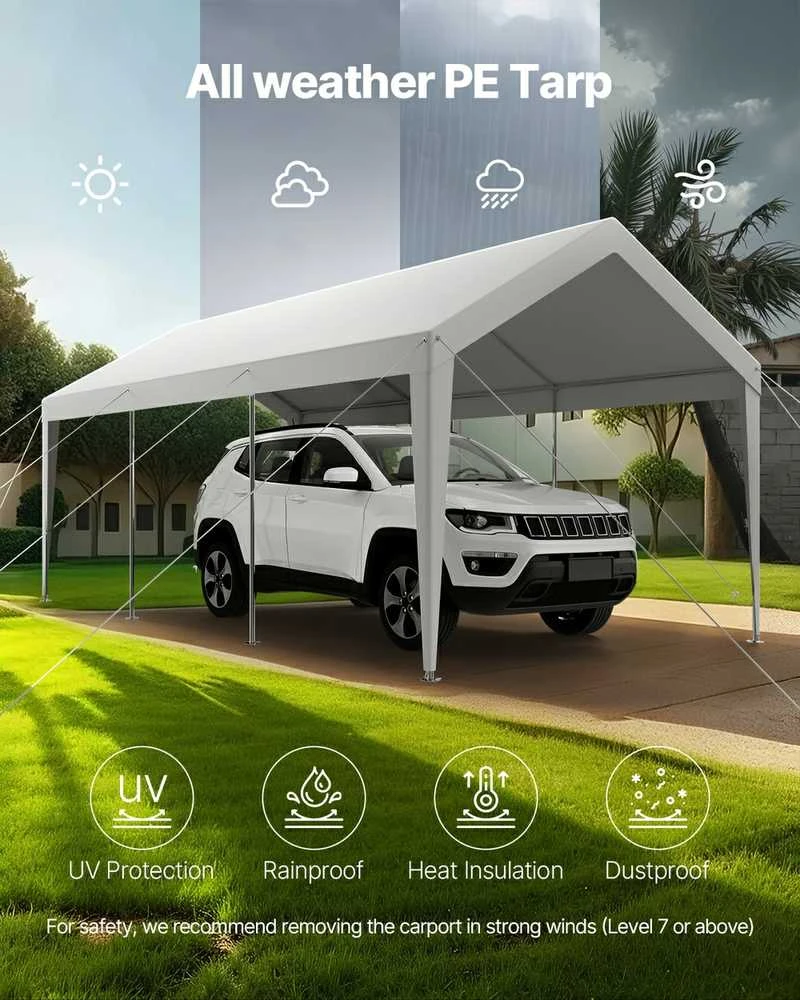 10 x 6 m Automobilio Pavėsinė, Tvirta Nešiojama, Visiems Orams, Balta, Cinkuotas Plienas, Automobilių Palapinė, Prieglauda, Stoginė