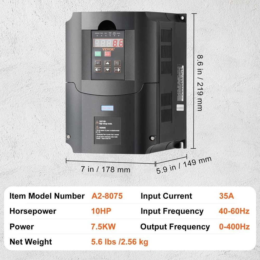 10HP kintamo dažnio pavara, 7.5KW VFD, 220V vienfazis/trifazis į 3 fazių keitiklis, variklio greičio reguliatorius, pramoninis dažnio keitiklis