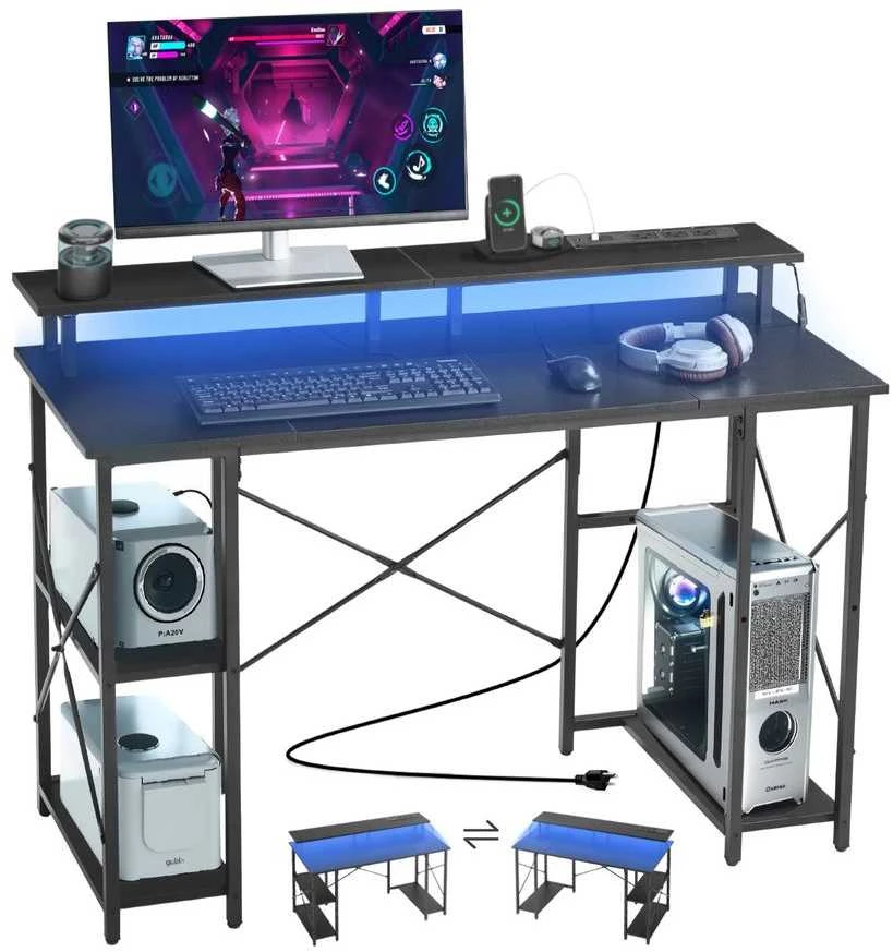 VEVOR 120 cm kompiuterio stalas su LED, maitinimo lizdais, apverčiamas žaidimų stalas su monitoriaus stovu, namų biuro darbo vieta, juodas stalas su lentynomis, modernūs baldai