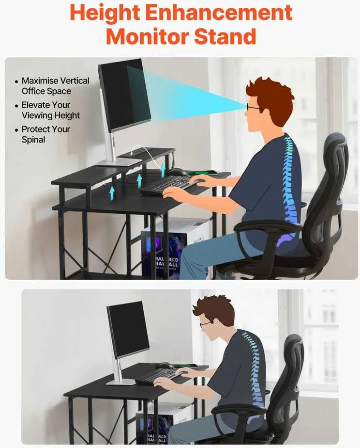 VEVOR 120 cm kompiuterio stalas su LED, maitinimo lizdais, apverčiamas žaidimų stalas su monitoriaus stovu, namų biuro darbo vieta, juodas stalas su lentynomis, modernūs baldai