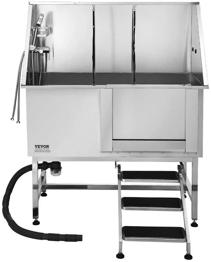 127 cm šunų maudymo vonia su laipteliais, nerūdijančio plieno, vandens filtru, sidabrinė, šunims prausti, gyvūnų vonia