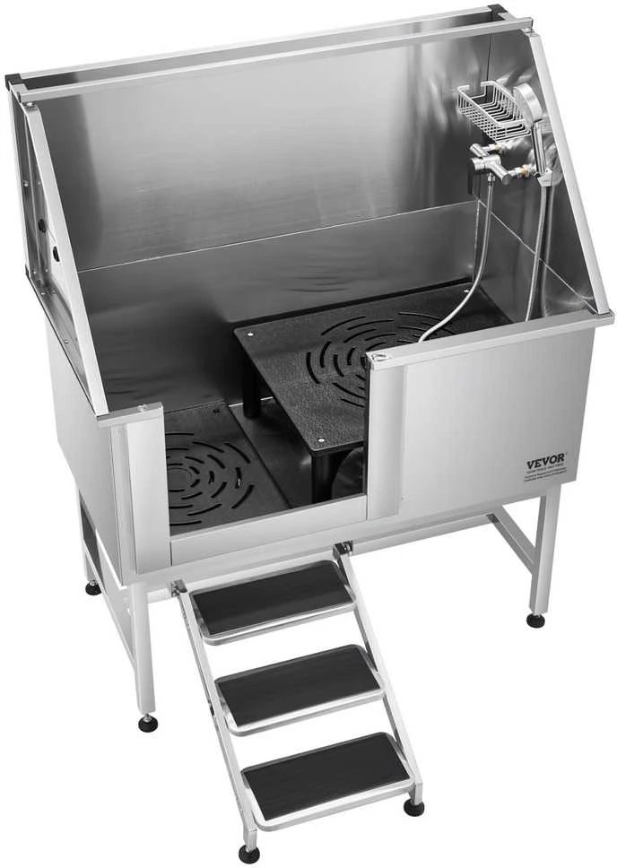 127 cm šunų maudymo vonia su laipteliais, nerūdijančio plieno, vandens filtru, sidabrinė, šunims prausti, gyvūnų vonia