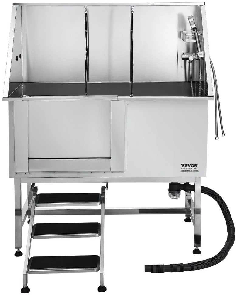 127 cm šunų maudymo vonia su laipteliais, nerūdijančio plieno, vandens filtru, sidabrinė, šunims prausti, gyvūnų vonia