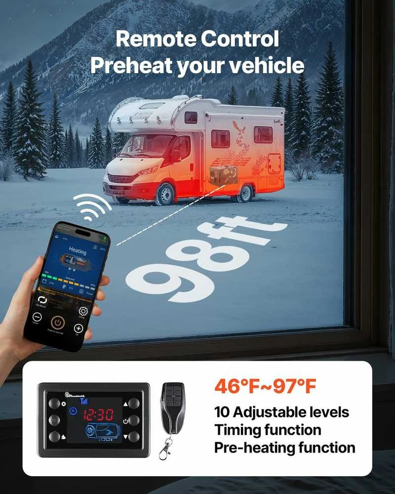 12V/24V 8KW Dyzelinis Šildytuvas, Nešiojamas Oro Šildytuvas su Bluetooth, Nuotolinio Valdymo Pultu, skirtas RV, Furgonui, Sunkvežimiui, Kemperiui, Garažui ir Dirbtuvėms