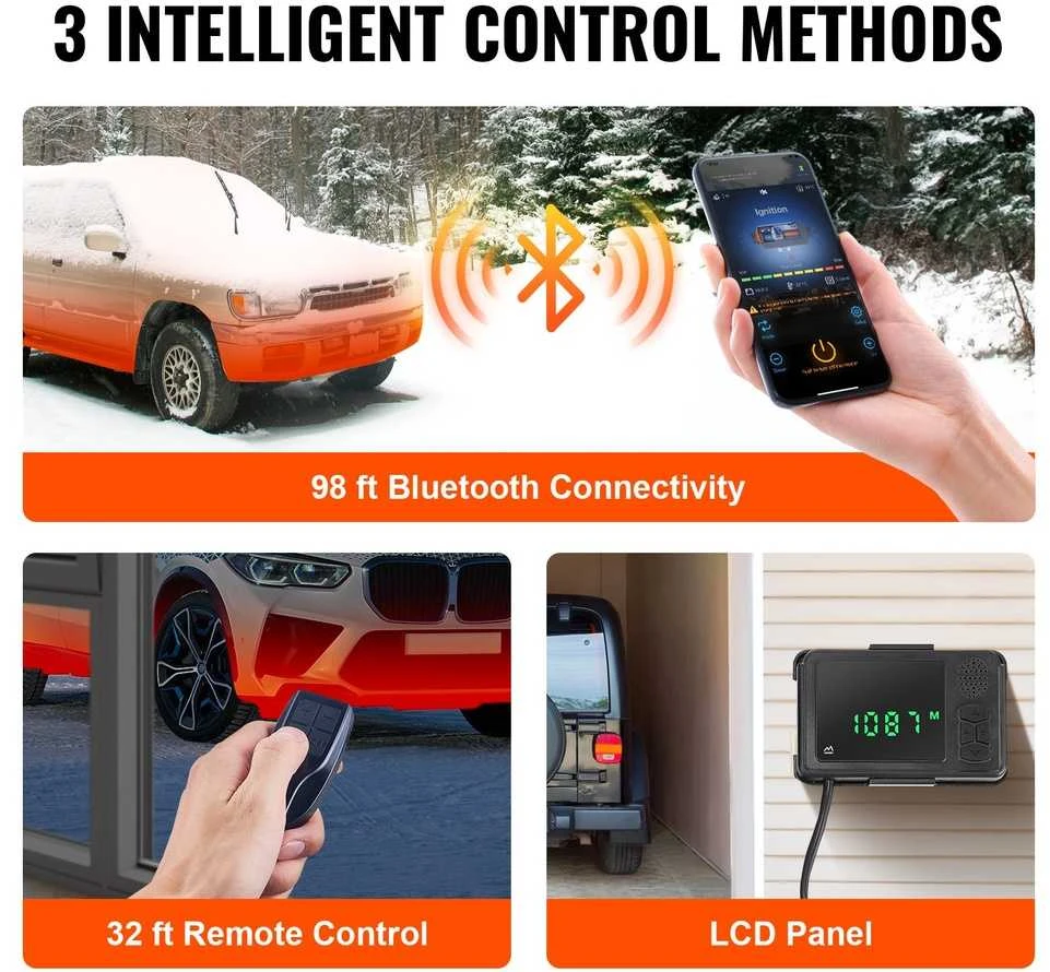 12V 2KW Dyzelinis Oro Šildytuvas, su Bluetooth Programėle ir LCD Ekranu, automobiliui, kemperiui, autobusui, patalpų šildymui, nešiojamas dyzelinis šildytuvas