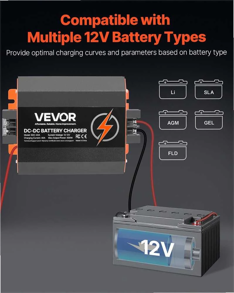 12V 40A DC į DC akumuliatorių įkroviklis kemperiams valtims, išmanus 500W įkroviklis švino rūgšties ličio AGM GEL akumuliatoriams, borto energijos valdymas