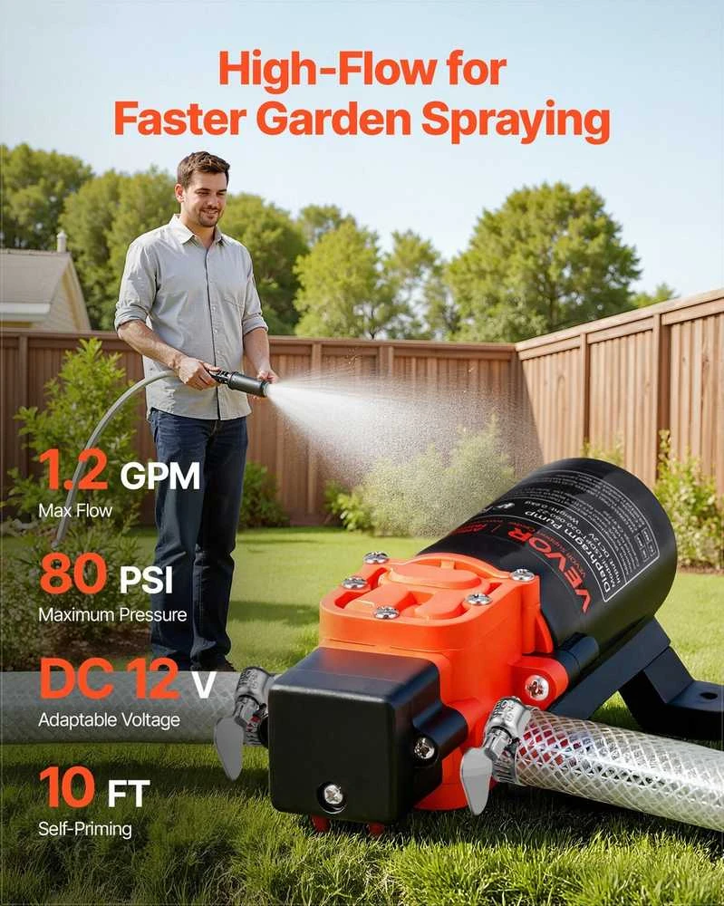 12V DC membraninis vandens siurblys kemperiams ir sodo drėkinimui, savaime užsipildantis tylus didelio srauto siurblys, 4.5 L/min nešiojamas vandens slėgio siurblys, vandens pompa