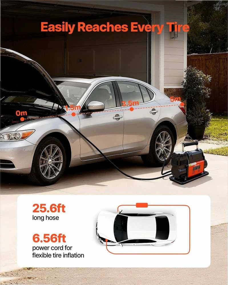 12V didelės galios oro kompresorius, nešiojamas padangų pripūtimo įrenginys su LCD ekranu, 202 l/min oro srautas automobiliams, visureigiams ir sunkvežimiams, bekelės pompa su adapteriais