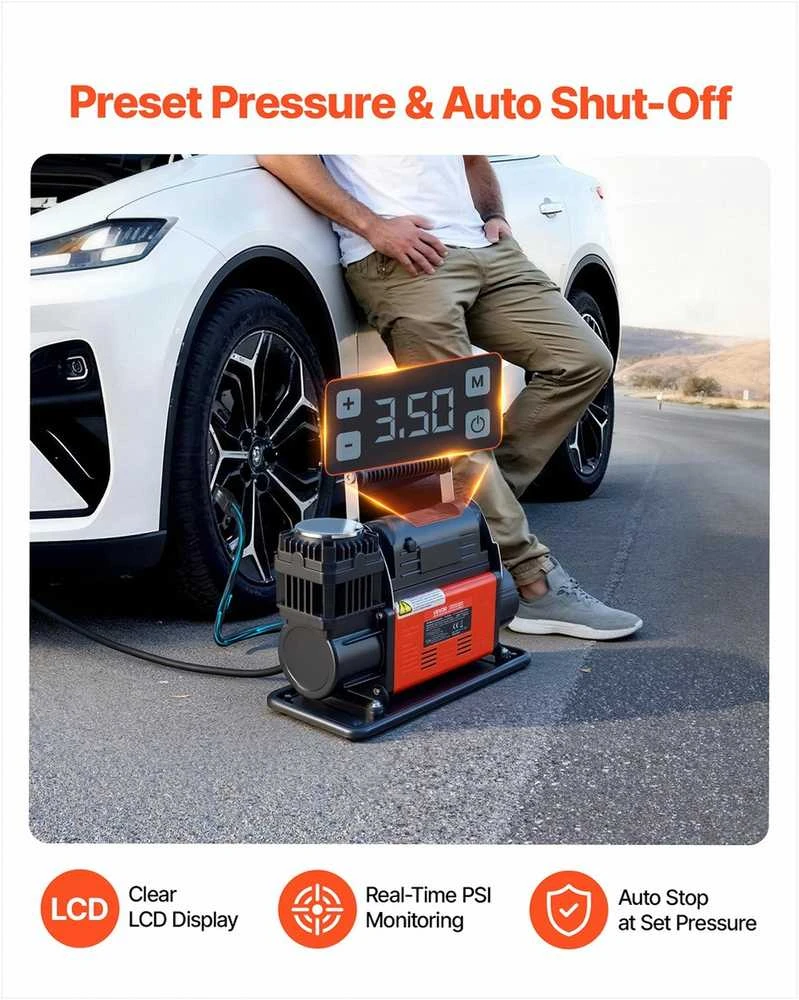 12V didelės galios oro kompresorius, nešiojamas padangų pripūtimo įrenginys su LCD ekranu, 202 l/min oro srautas automobiliams, visureigiams ir sunkvežimiams, bekelės pompa su adapteriais