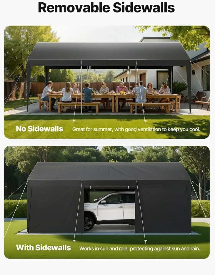 VEVOR Automobilio pastogė su sienelėmis, 12x20 pėdų, pilka