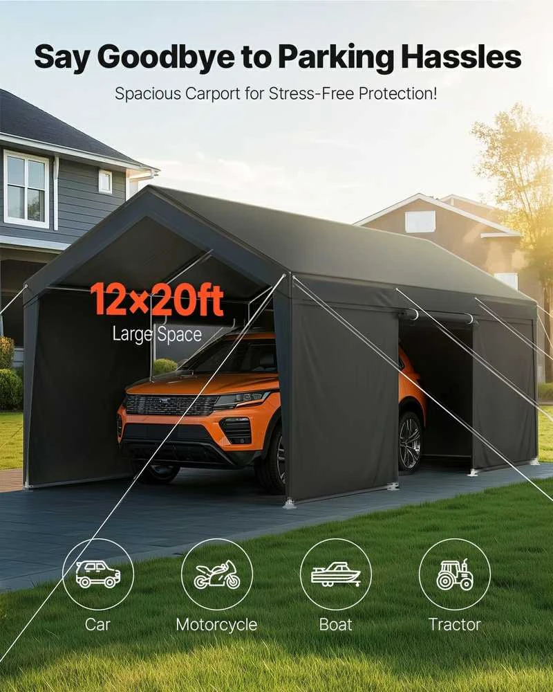 VEVOR Automobilio pastogė su sienelėmis, 12x20 pėdų, pilka