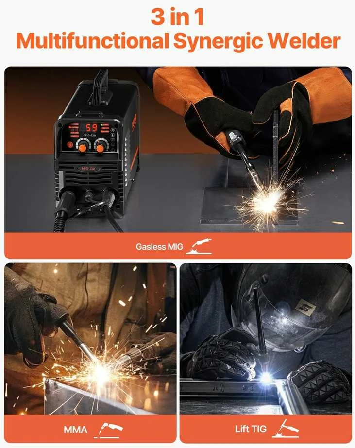 130A MIG suvirinimo aparatas, 3in1 MIG/TIG/MMA, nešiojamas metalo virinimui, suvirintojas, inverterinis