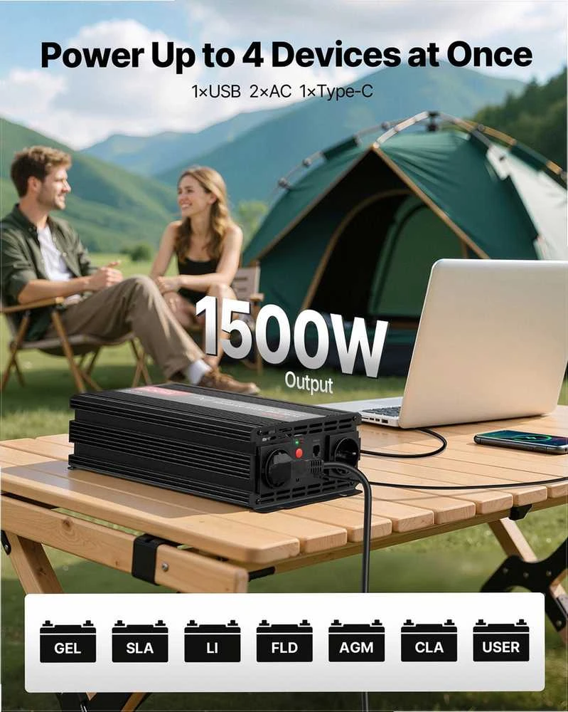 1500W įtampos keitiklis, grynos sinusinės bangos inverteris kemperiams ir sunkvežimiams, su nuotolinio valdymo pultu, USB ir Type-C jungtimis, 2 AC lizdais, greito įkrovimo srovės keitiklis automobiliui