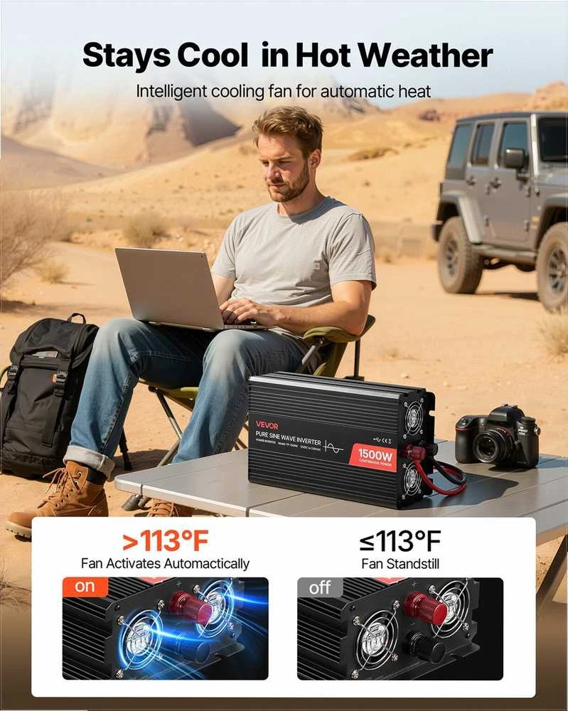 1500W įtampos keitiklis, grynos sinusinės bangos inverteris kemperiams ir sunkvežimiams, su nuotolinio valdymo pultu, USB ir Type-C jungtimis, 2 AC lizdais, greito įkrovimo srovės keitiklis automobiliui