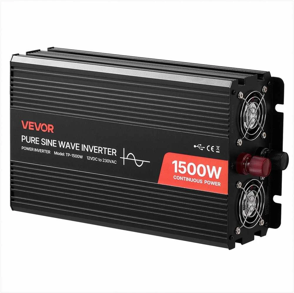 1500W įtampos keitiklis, grynos sinusinės bangos inverteris kemperiams ir sunkvežimiams, su nuotolinio valdymo pultu, USB ir Type-C jungtimis, 2 AC lizdais, greito įkrovimo srovės keitiklis automobiliui