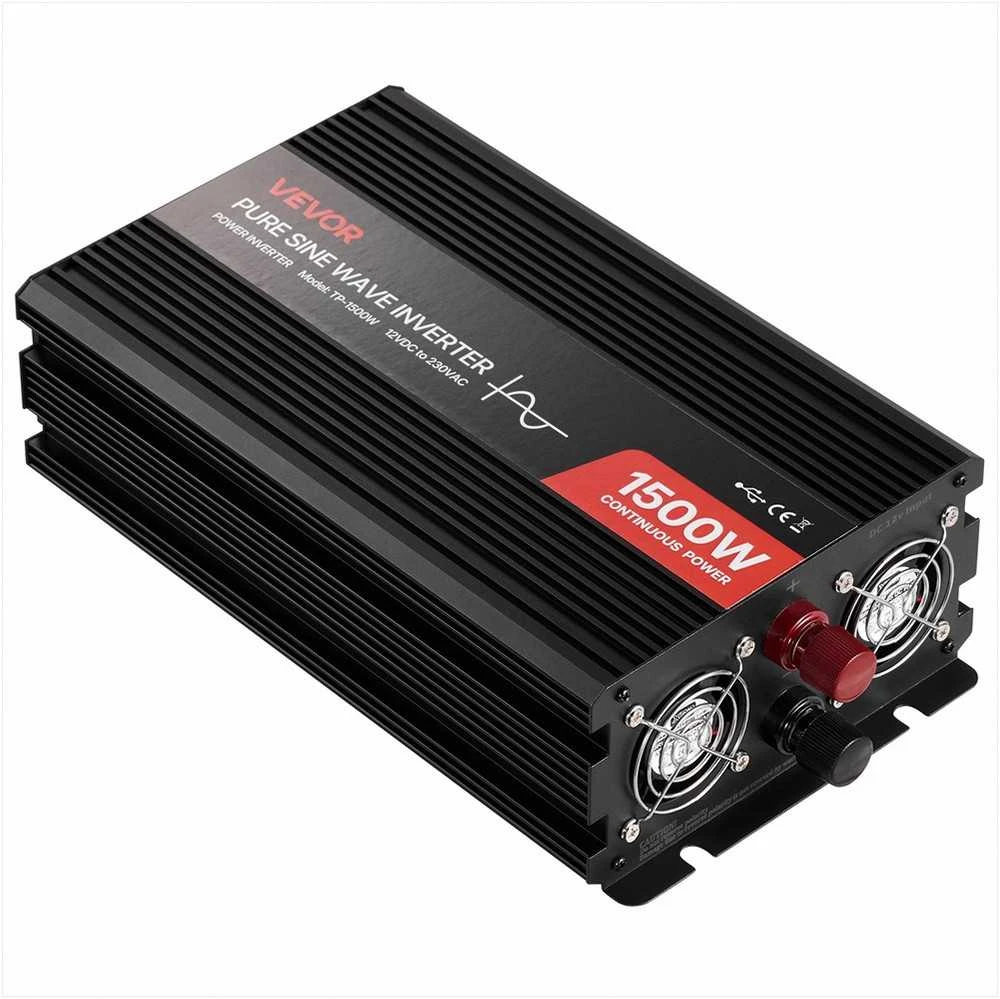 1500W įtampos keitiklis, grynos sinusinės bangos inverteris kemperiams ir sunkvežimiams, su nuotolinio valdymo pultu, USB ir Type-C jungtimis, 2 AC lizdais, greito įkrovimo srovės keitiklis automobiliui
